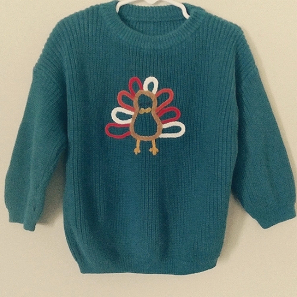 Chunky Cozy Teal Thanksgiving Fall Knit Sweater with Turkey Design 2-3 Yrs